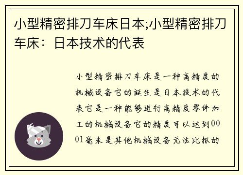 小型精密排刀车床日本;小型精密排刀车床：日本技术的代表